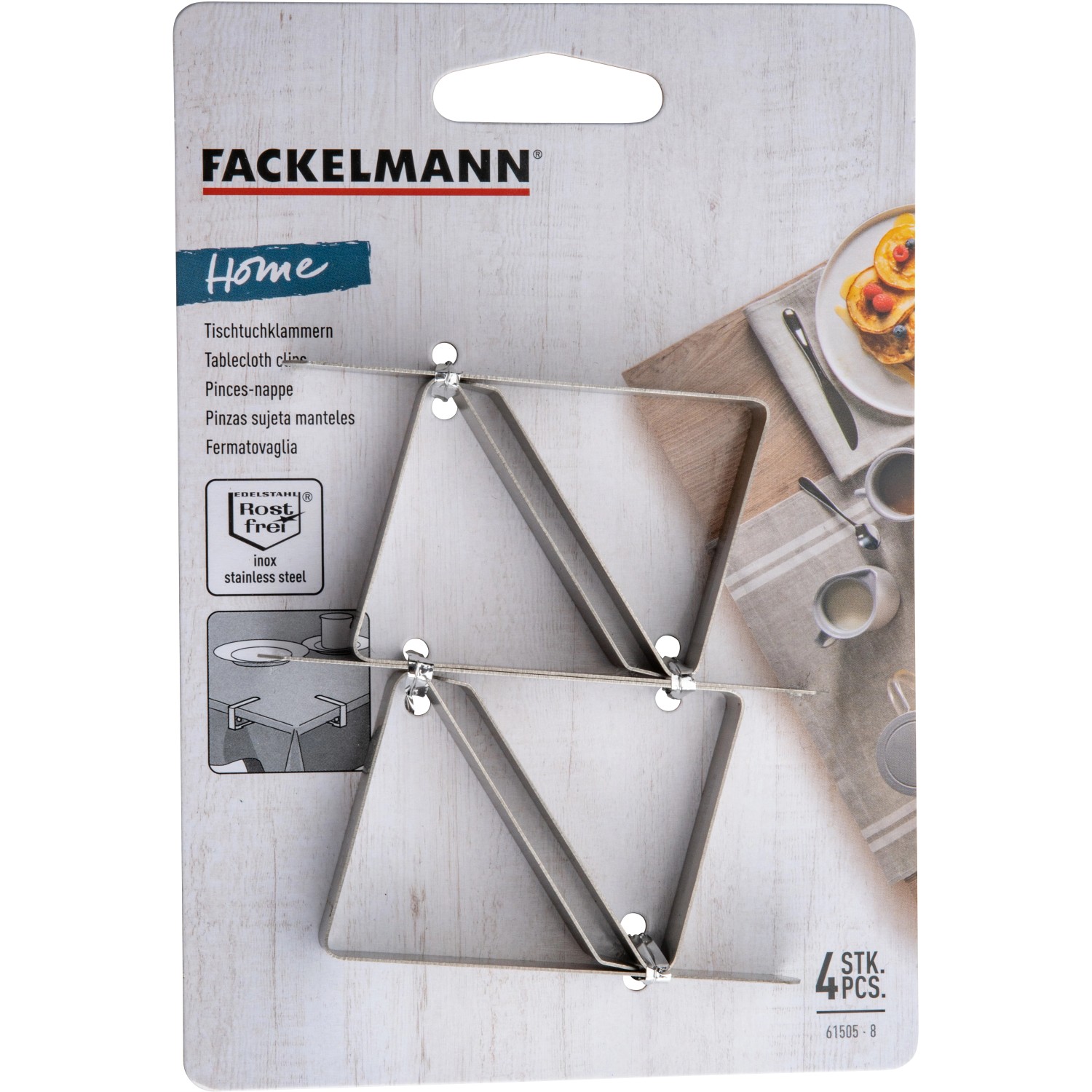 Fackelmann Tischtuchklammern, 4er-Set aus Edelstahl für Tischdeckenbefestigung.