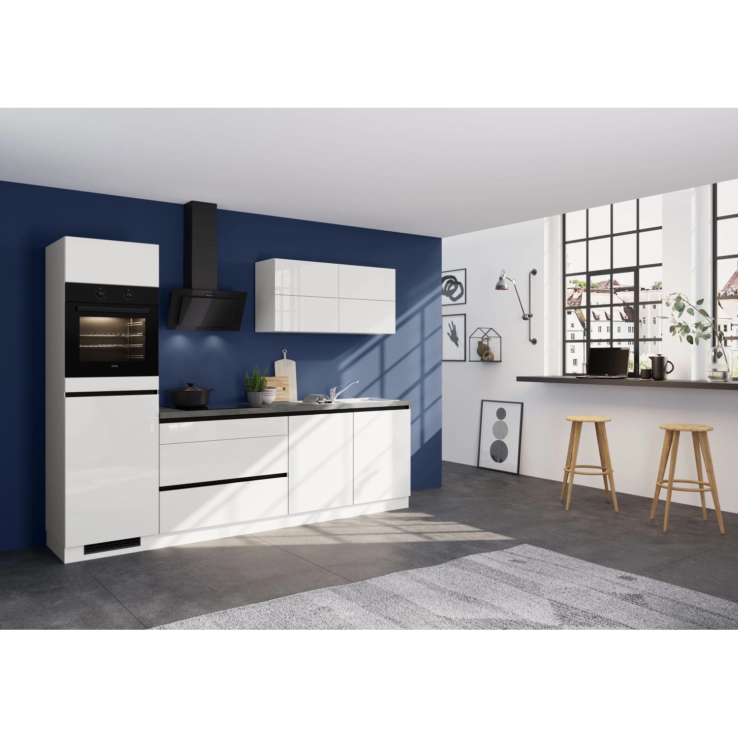 Impuls Küchen Küchenzeile IKC1280H6 280 cm Space Grey Hochglanz mit E-Geräten
