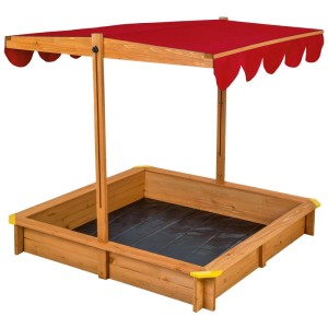 Quadratischer Tectake Sandkasten Emilia aus Holz mit rotem, verstellbarem Sonnendach und Sitzrand.