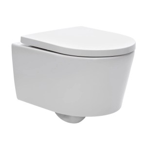 Weißes Swiss Aqua Technologies Wand-WC, kurz, mit SoftClose WC-Sitz. Modernes, spülrandloses Design für Bad.