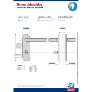 Technische Zeichnung: Basi Langschild-Garnitur ZB 4100 Alu F2, eckig, WC/Bad-Lochung, Maße und Details.