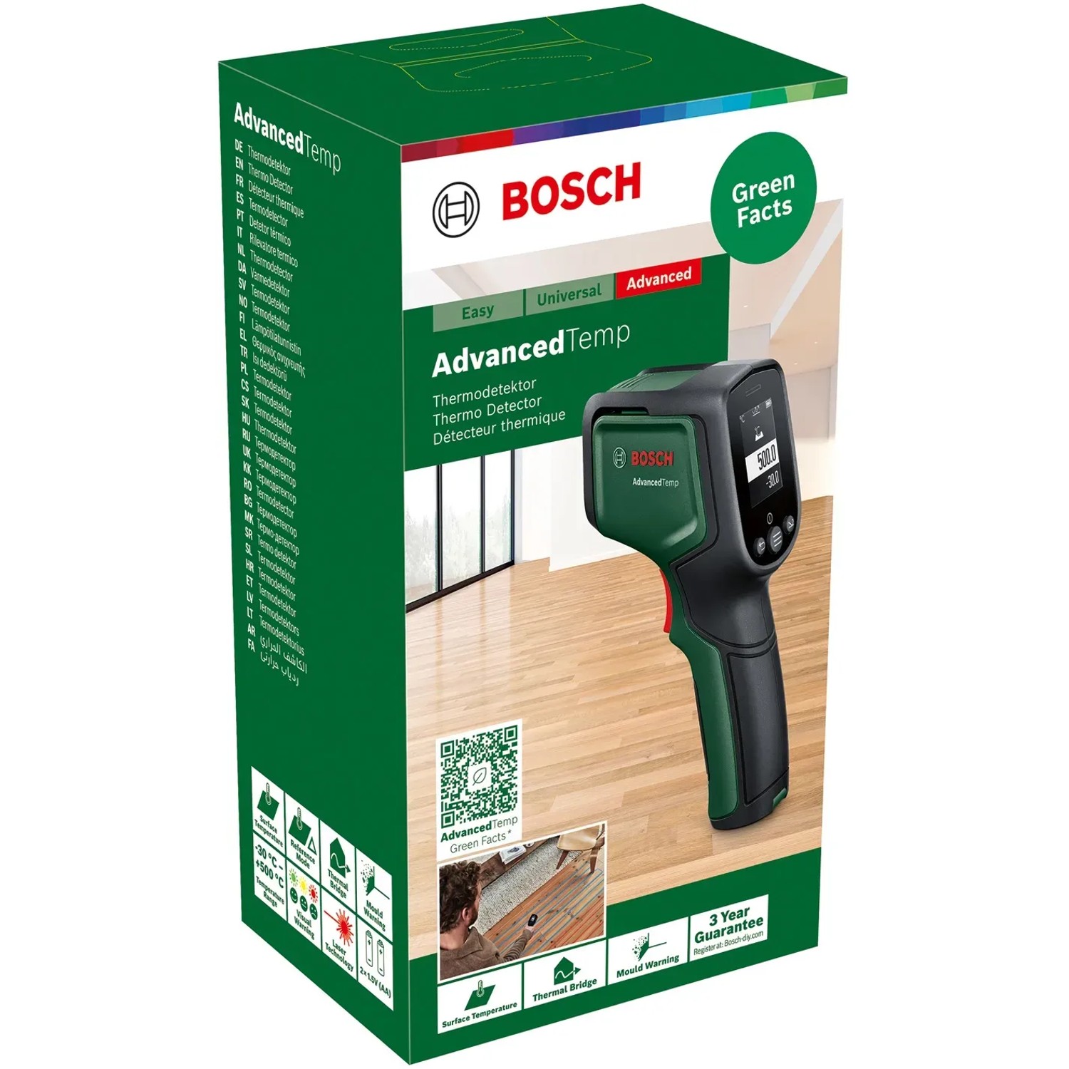 Bosch AdvancedTemp Infrarot-Thermometer in Verpackung. Messwerkzeug zur Temperaturmessung.