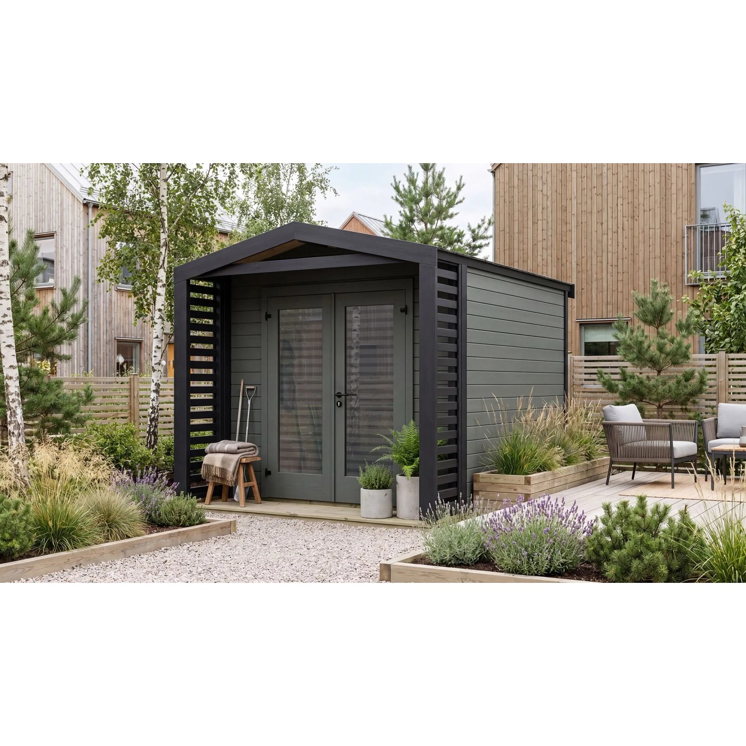 Weka Holz-Gartenhaus Killarney Satteldach Grau-Grün Lasiert 261 cm x 313 cm