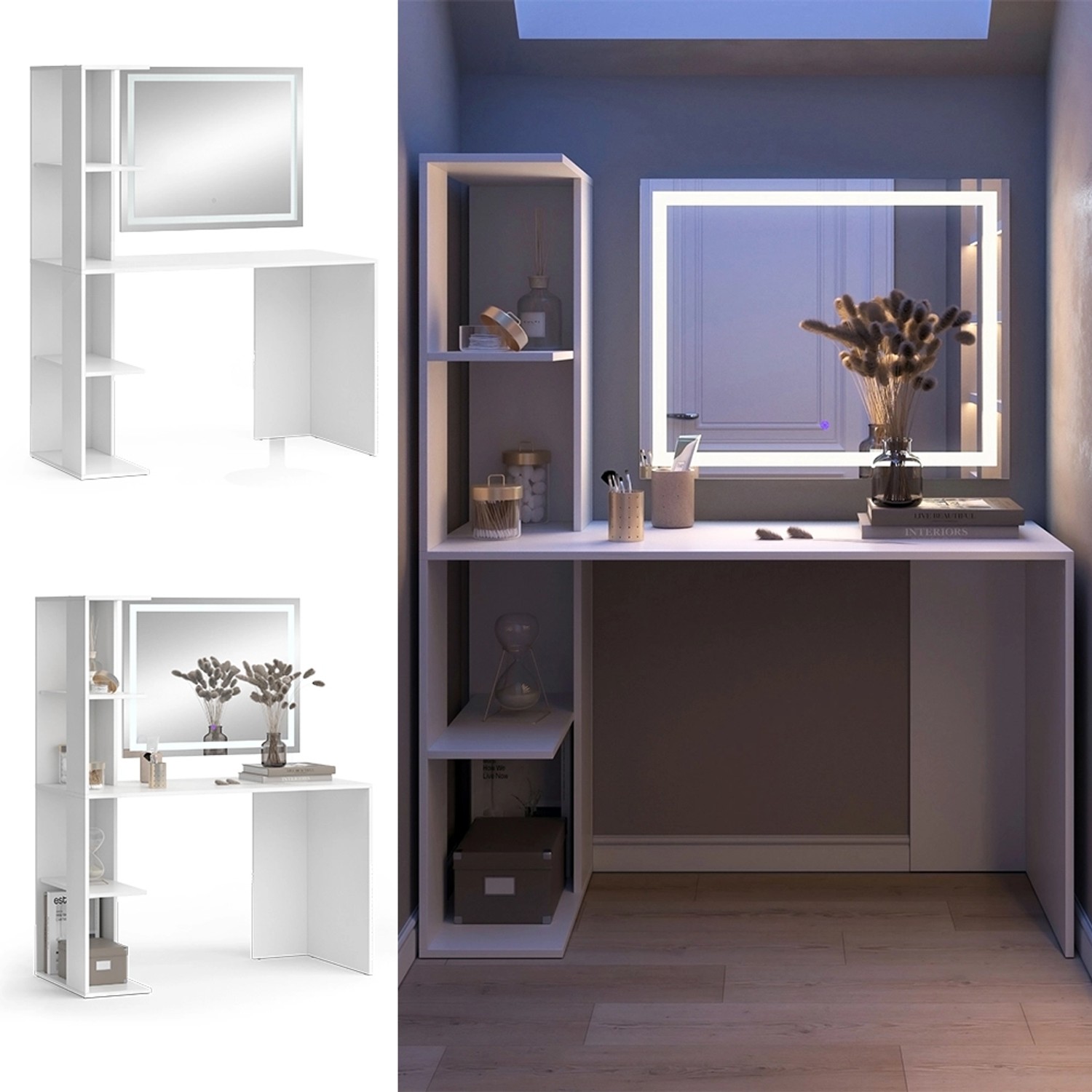 Vicco Schminktisch Tower Weiß 122.2 cm mit LED Spiegel günstig online kaufen