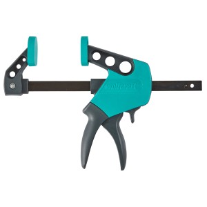 Wolfcraft Einhandzwinge EHZ Easy 75-150, Spannwerkzeug mit blau-grauem Griff.