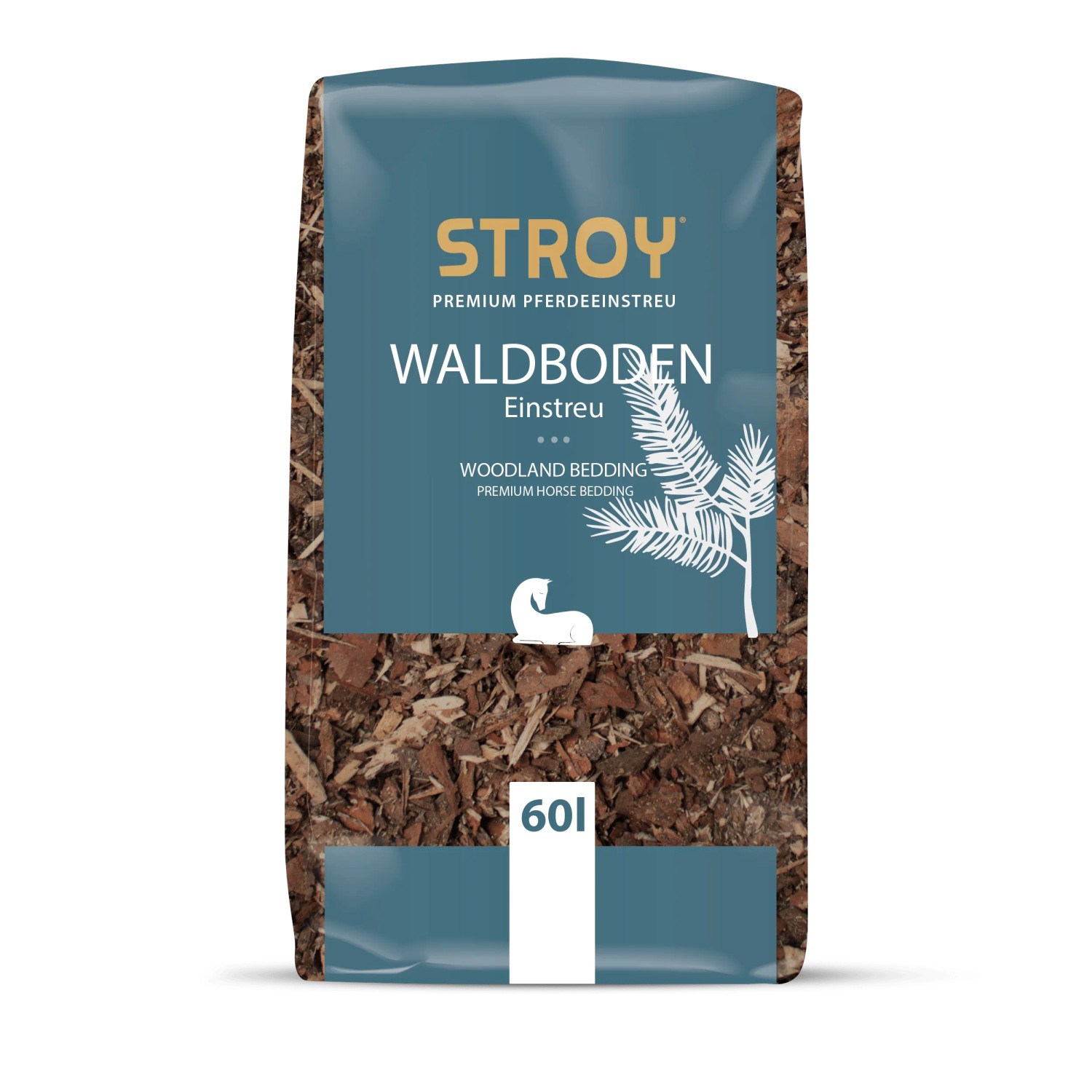 STROY Waldbodeneinstreu 60l Sack für Pferde, braune Kiefernholzspäne mit blauem Etikett.