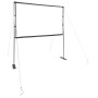 Mattweiße 84 Zoll Projektionsleinwand 16:9 mit schwarzem Ständer und Abspannseilen für Heimkino.
