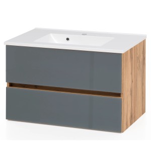 Held Möbel Waschtisch Pisa, 80 cm, Grau-Wotaneiche, mit 2 Auszügen und Mineralgussbecken.