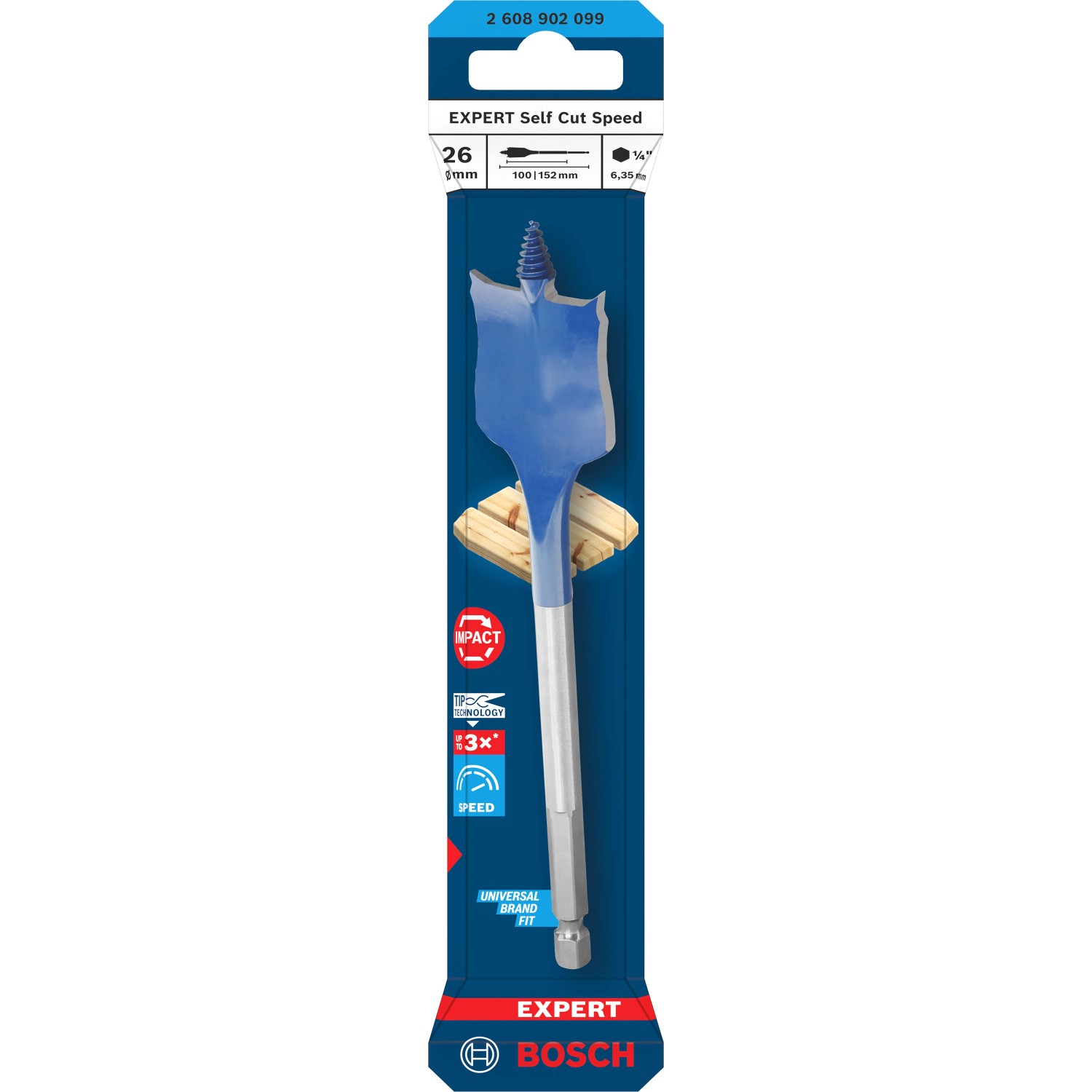 Bosch Flachfräsbohrer Expert Self Cut Speed, 26 mm, blau-silber, für schnelles Bohren in Holz.
