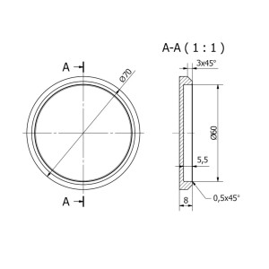 Technische Zeichnung SOTECH Schiebetürgriff MILA Ø70 mm Edelstahl für Glastüren mit Maßen.