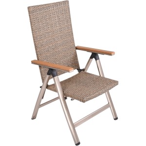 Geflochtener Gartenstuhl Hochlehner Florance in Champagner mit Holzarmlehnen.