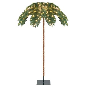 Beleuchtete künstliche Palme, 180 cm hoch, mit grünen Nadeln und warmweißen LEDs auf schwarzem Standfuß. Ideal als Weihnachtsbaum.