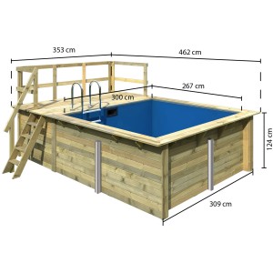Karibu Holzpool mit Sonnenterrasse, Leiter und blauer Innenfolie. Kesseldruckimprägniertes Holz.