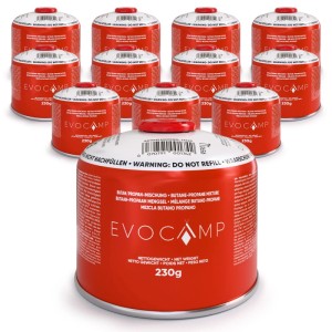 12 rote Evocamp Butan-Propan Gaskartuschen 230g mit 7/16 Schraubventil, ideal für Camping und Outdoor.