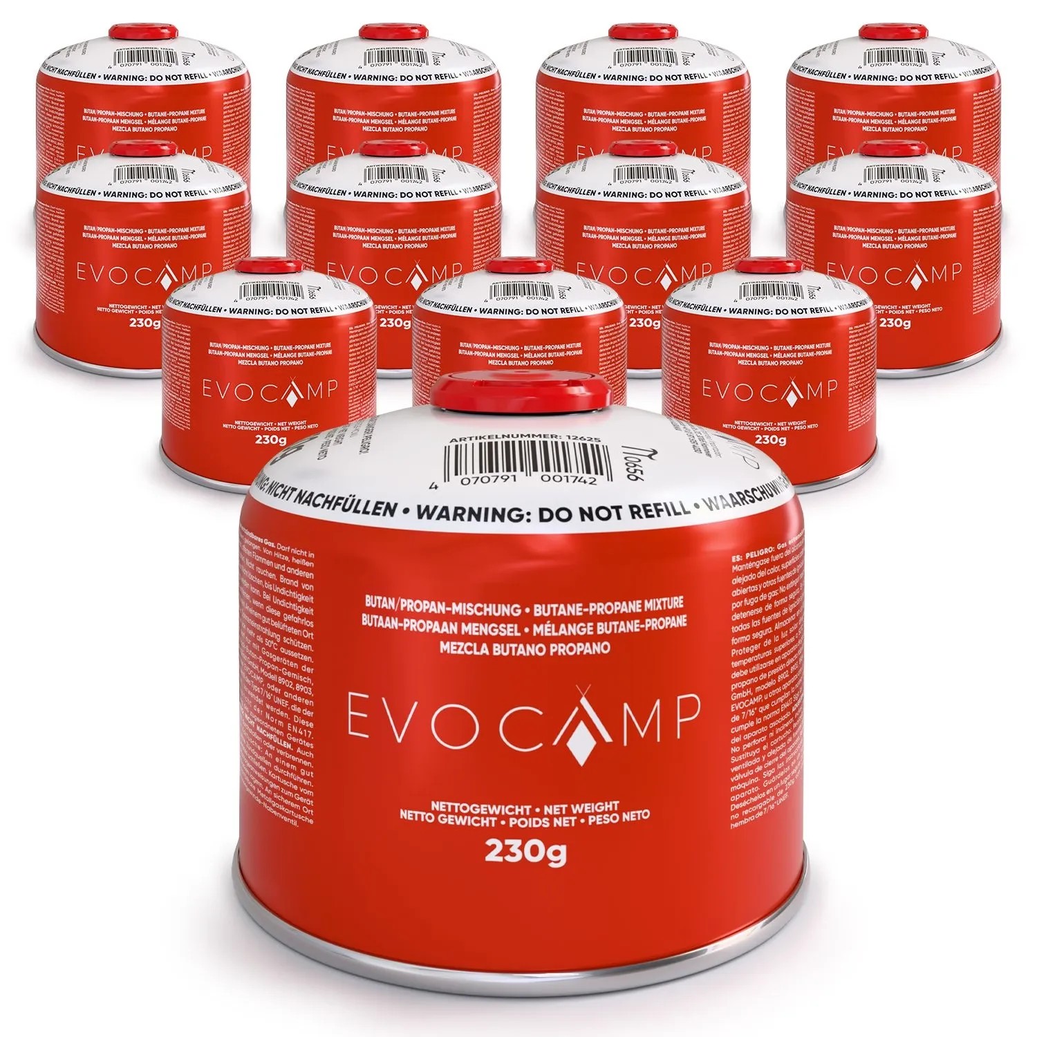 Evocamp Gaskartusche 12 Stück Butan Propan 230g EN 417 Schraubkartusche 7/16 Gewinde Sichere Kartusche mit Schraubventil