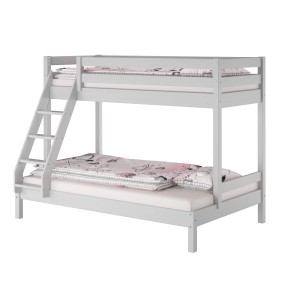 Hellgraues Kiefer Massivholz Stockbett für Erwachsene (Liegeflächen 90x200/140x200 cm) mit Leiter.