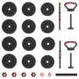 vidaXL 4-in-1 Kurzhantel, Langhantel & Kettlebell Set 20kg. Schwarze Hantelscheiben, Stangen, Griffe mit roten Akzenten.