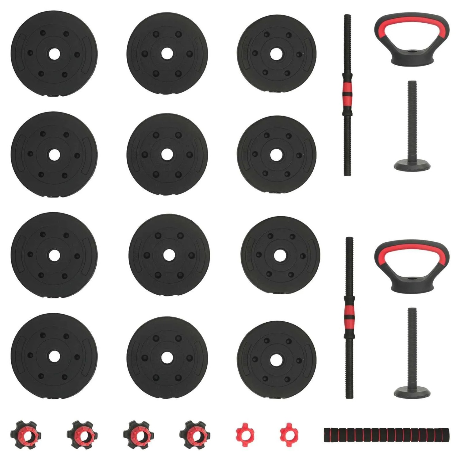 vidaXL 4-in-1 Kurzhantel, Langhantel & Kettlebell Set 20kg. Schwarze Hantelscheiben, Stangen, Griffe mit roten Akzenten.