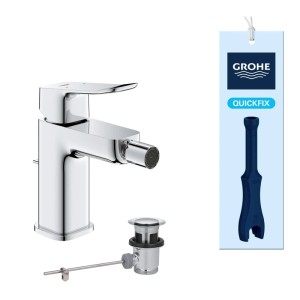 Grohe Einhand-Bidetarmatur Dice Chrom mit Ablaufgarnitur und QuickFix Werkzeug für Einlochmontage.