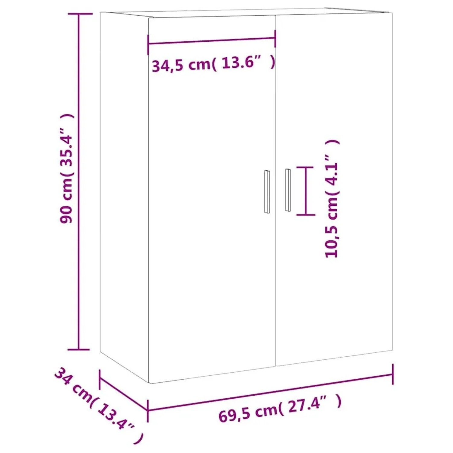 Weißer vidaXL Wandschrank, 69,5x34x90 cm, mit zwei Türen und Griffen. Maßzeichnung für Wohnzimmerschrank.