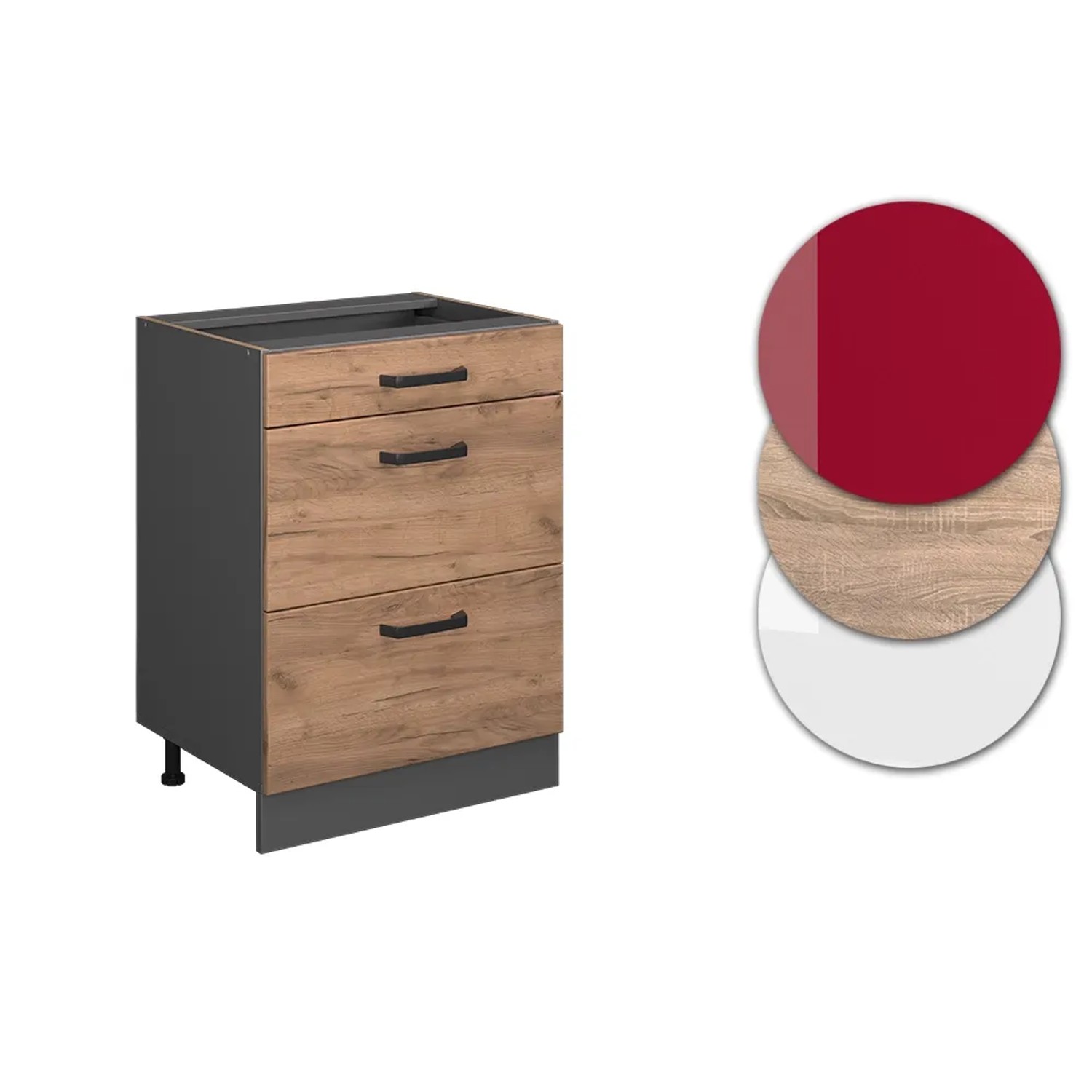 Vicco Küchenunterschrank R-Line, 60 cm, Eiche Goldkraft/Anthrazit mit Schubladen.