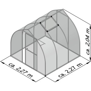 KGT Gewächshaus Alu blank, 5,15 m², mit Dachfenster und den Maßen 227x227x204 cm.