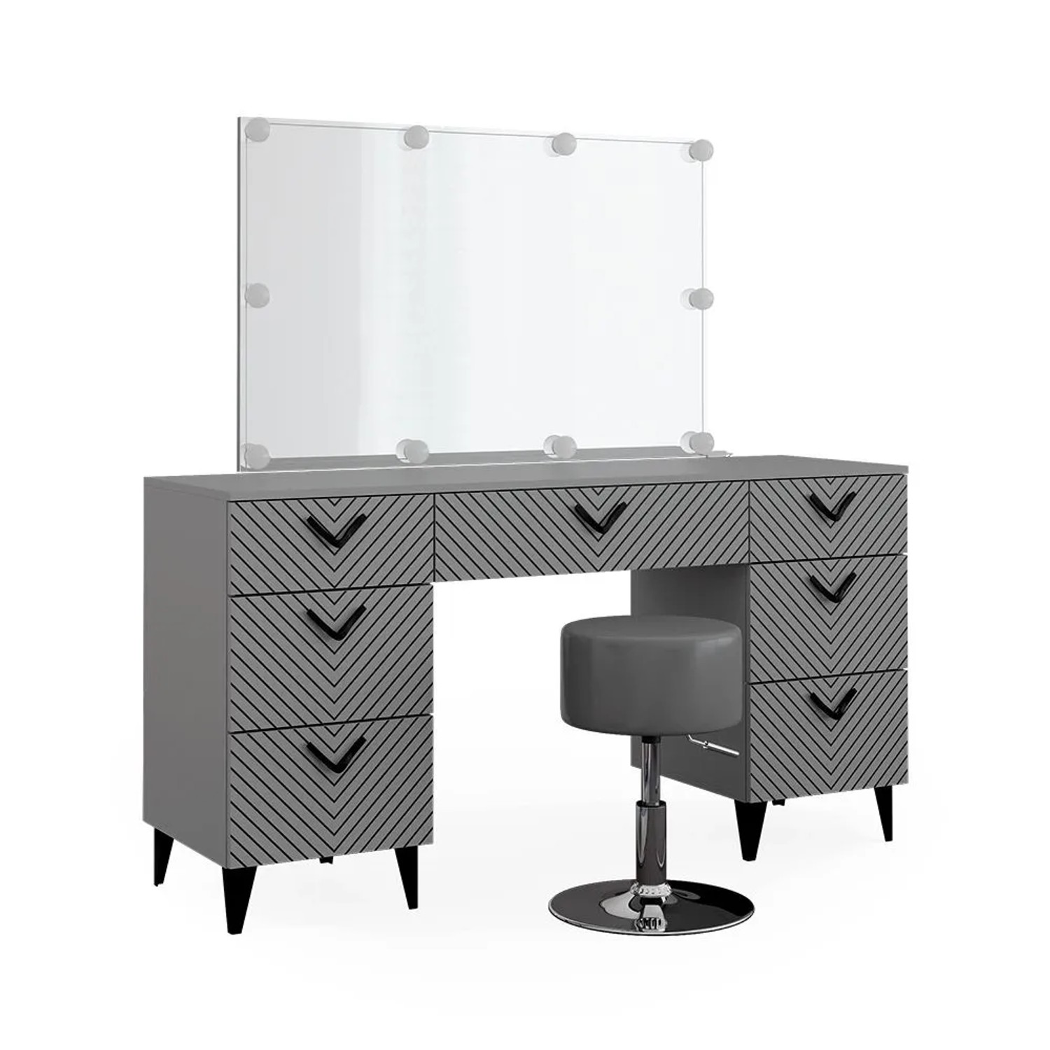 Vicco Schminktisch Anett Grau 150 x 148 mit Spiegel, LED-Lichterkette und Hocker