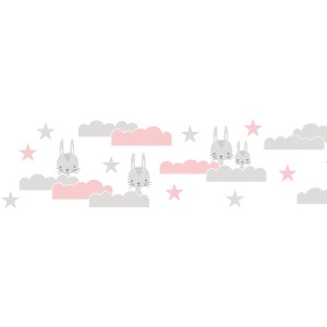 PROFHOME Kindertapete mit Hasen, Wolken und Sternen in Rosa, Grau und Weiß.