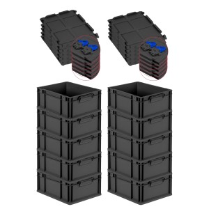 PROREGAL SuperSparSet: 10 schwarze Euroboxen mit Scharnierdeckel und blauen Verschlüssen, 16 Liter.