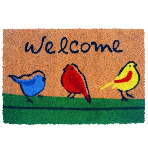 Naturfarbene Kokosfaser Fußmatte mit 'Welcome' Schriftzug und drei bunten Vögeln. Rutschfester Schuhabstreifer.