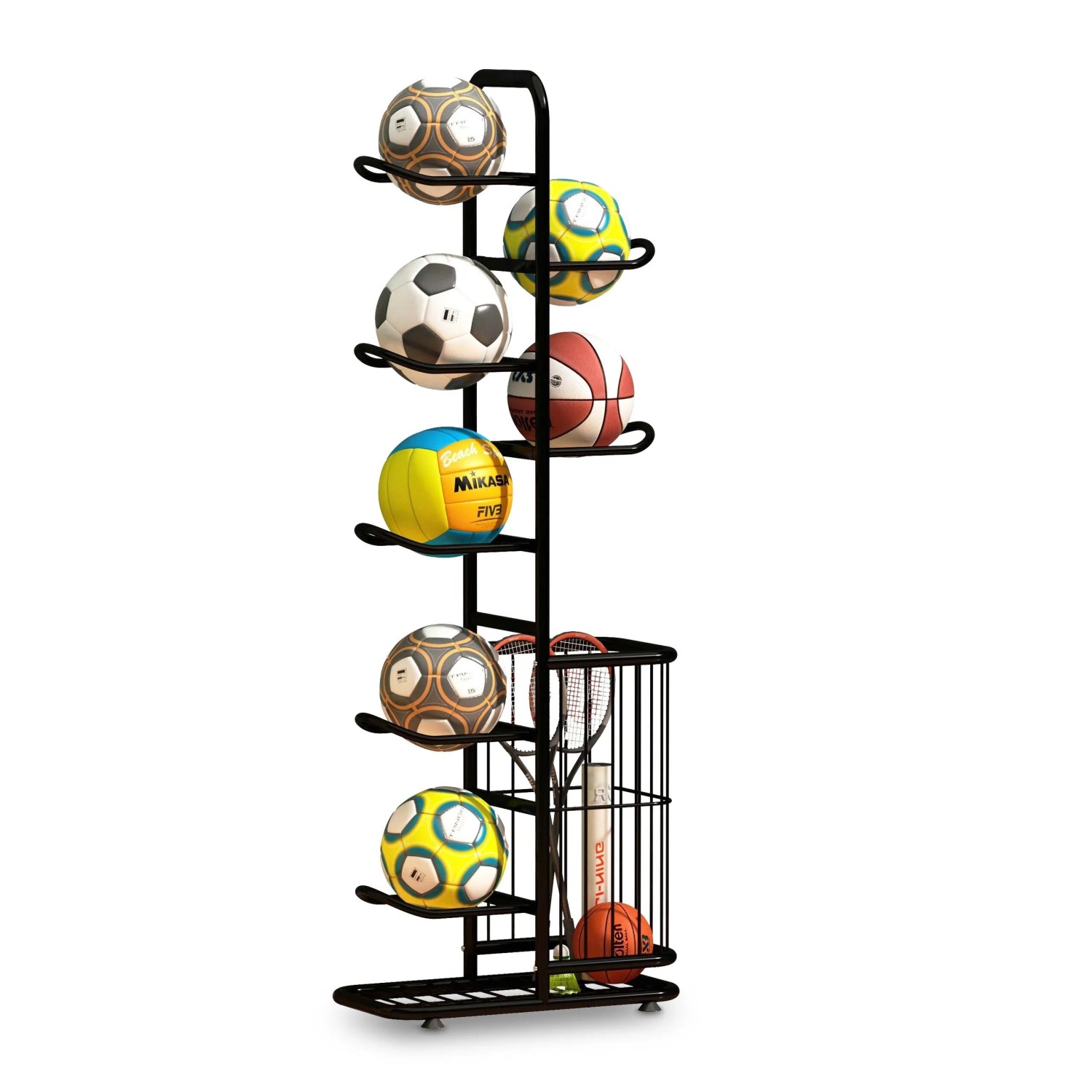 Relaxdays Ballständer Stahl Schwarz Höhenverstellbar mit 7 Ablagen und Korb 146 cm x 58 cm x 23,5 cm 2,7 kg