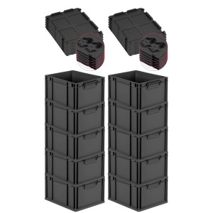 PROREGAL SuperSparSet: 10 schwarze Euroboxen (20L) mit Scharnierdeckel, gestapelt.