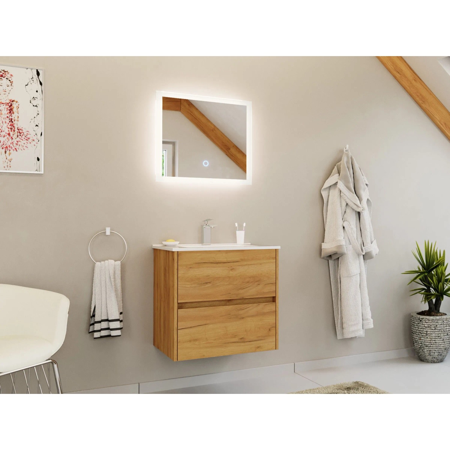Posseik Badmöbel-Set Limes 60 cm 2-tlg. Waschtisch LED Spiegel Eiche Gold