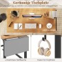 Geräumiger Schreibtisch Natur mit Computer-Setup, Büromaterialien, praktischer Stofftasche und Kopfhörerhaken.