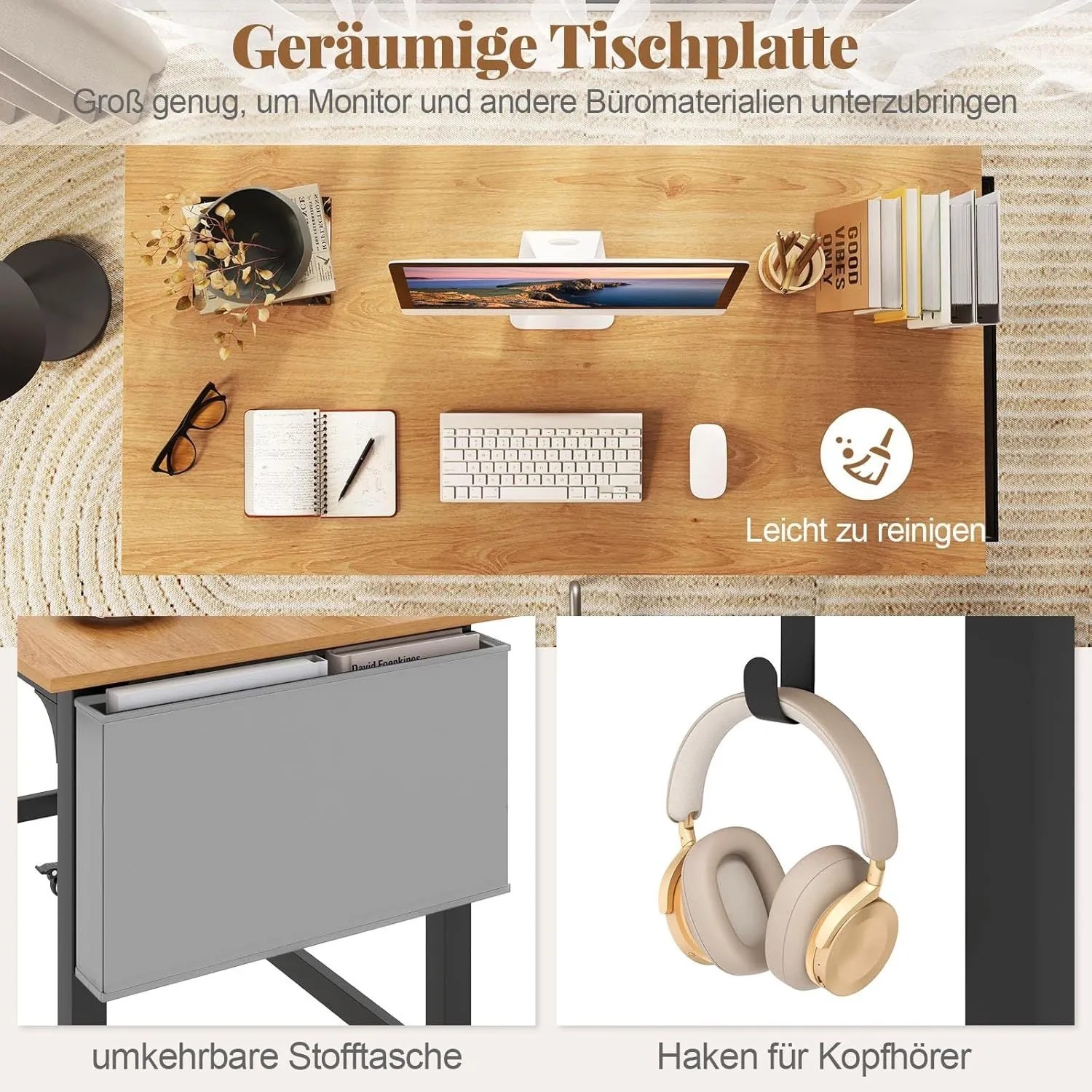Geräumiger Schreibtisch Natur mit Computer-Setup, Büromaterialien, praktischer Stofftasche und Kopfhörerhaken.