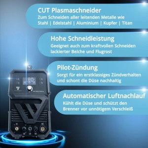 STAHLWERK CUT 80 P Plasmaschneider: Digitales Schweißgerät mit 80 Ampere für präzise Schnitte bis 25 mm.