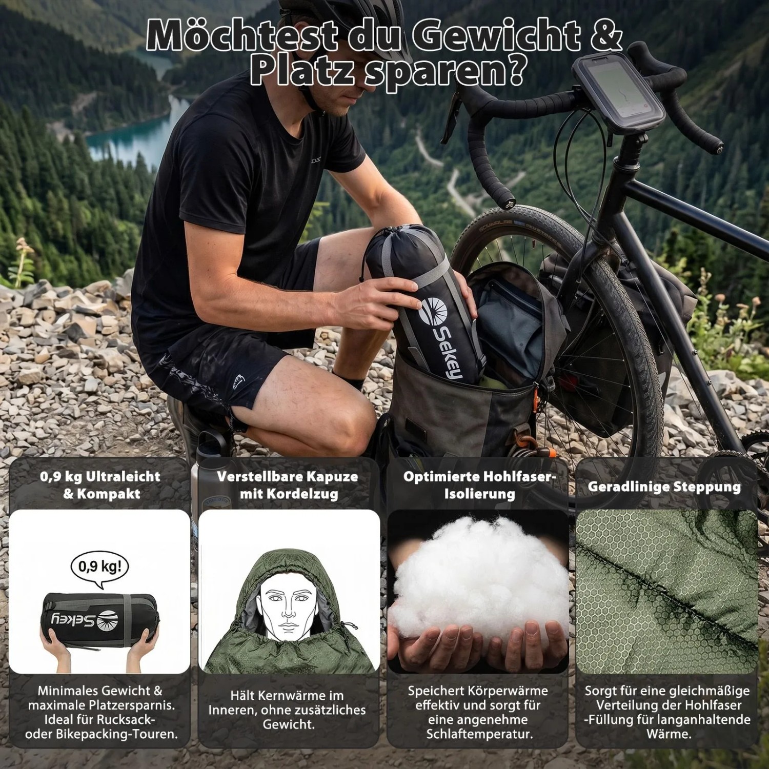 Sekey Mumienschlafsack, 0,9kg, grün, im Packsack, ideal für Camping und Trekking.