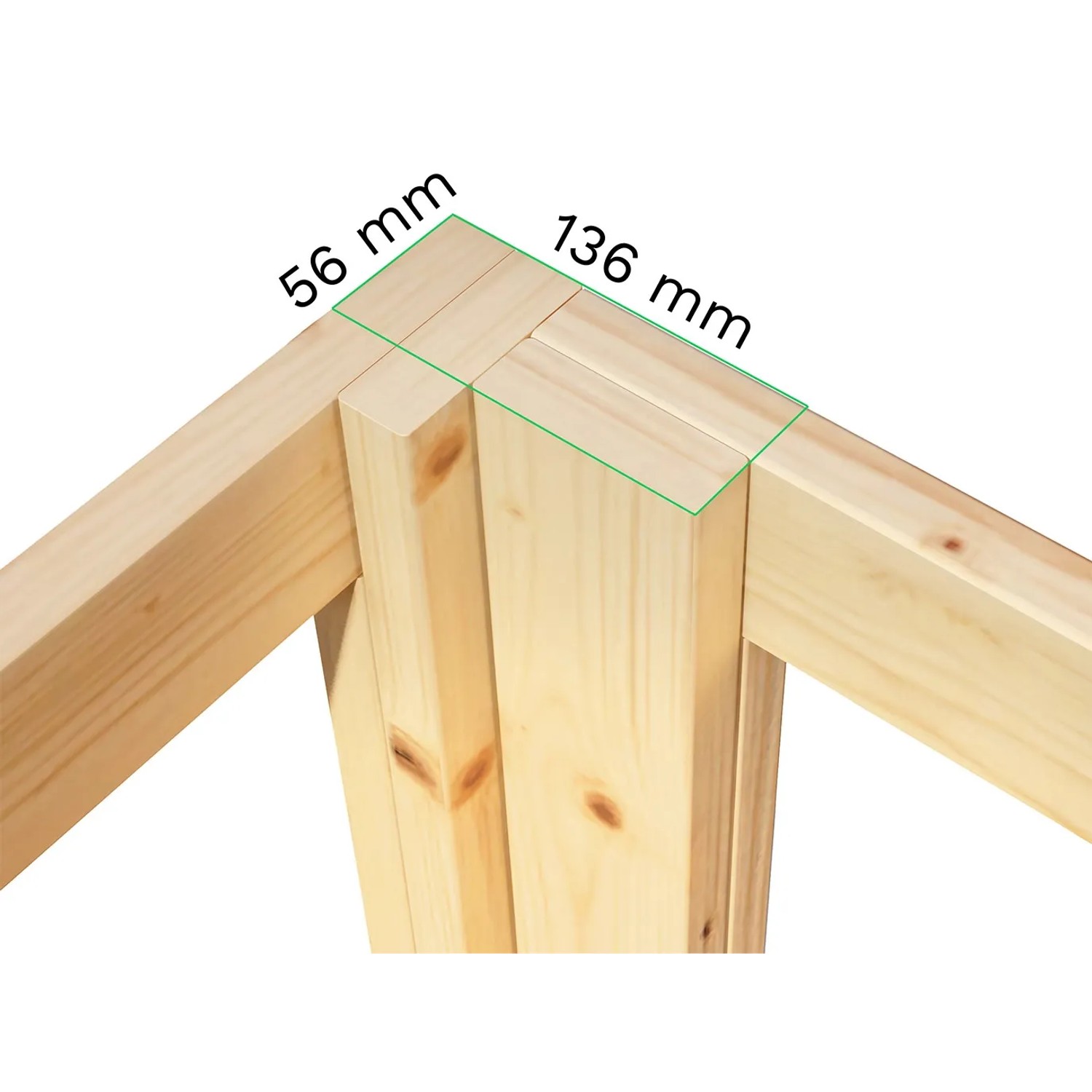 Detailaufnahme der Eckverbindung eines Bertilo Gartenhauses aus Holz mit Maßangaben.