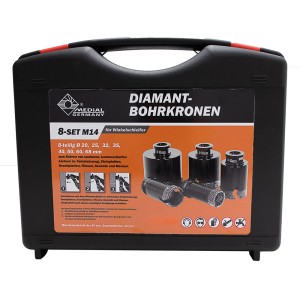 Medial Granit Bohrer Set, 8-teilig für Winkelschleifer. Diamantbohrkronen in Aufbewahrungskoffer.