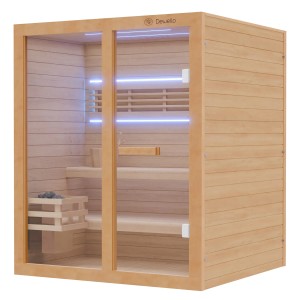 Dewello Finnische Sauna Tofino 160x150cm mit Harvia Ofen und Aufguss-Set aus hellem Holz mit Glastür.