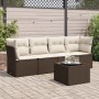 Braune 5-tlg. vidaXL Garten-Sofagarnitur aus Poly Rattan mit cremefarbenen Kissen und Tisch.