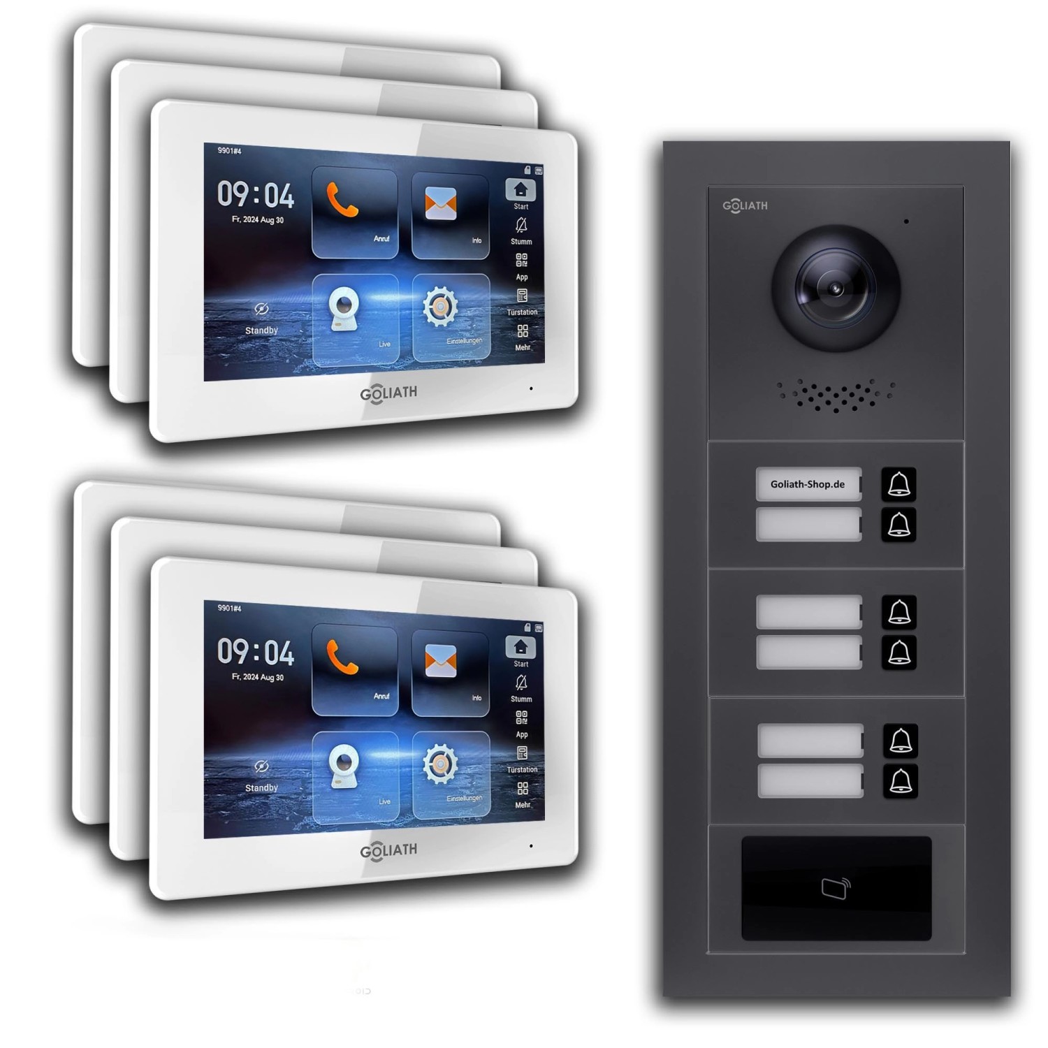 Goliath IP Video Türsprechanlage 6 Familienhaus 7 Zoll Weiß RFID App Anthrazit Unterputz