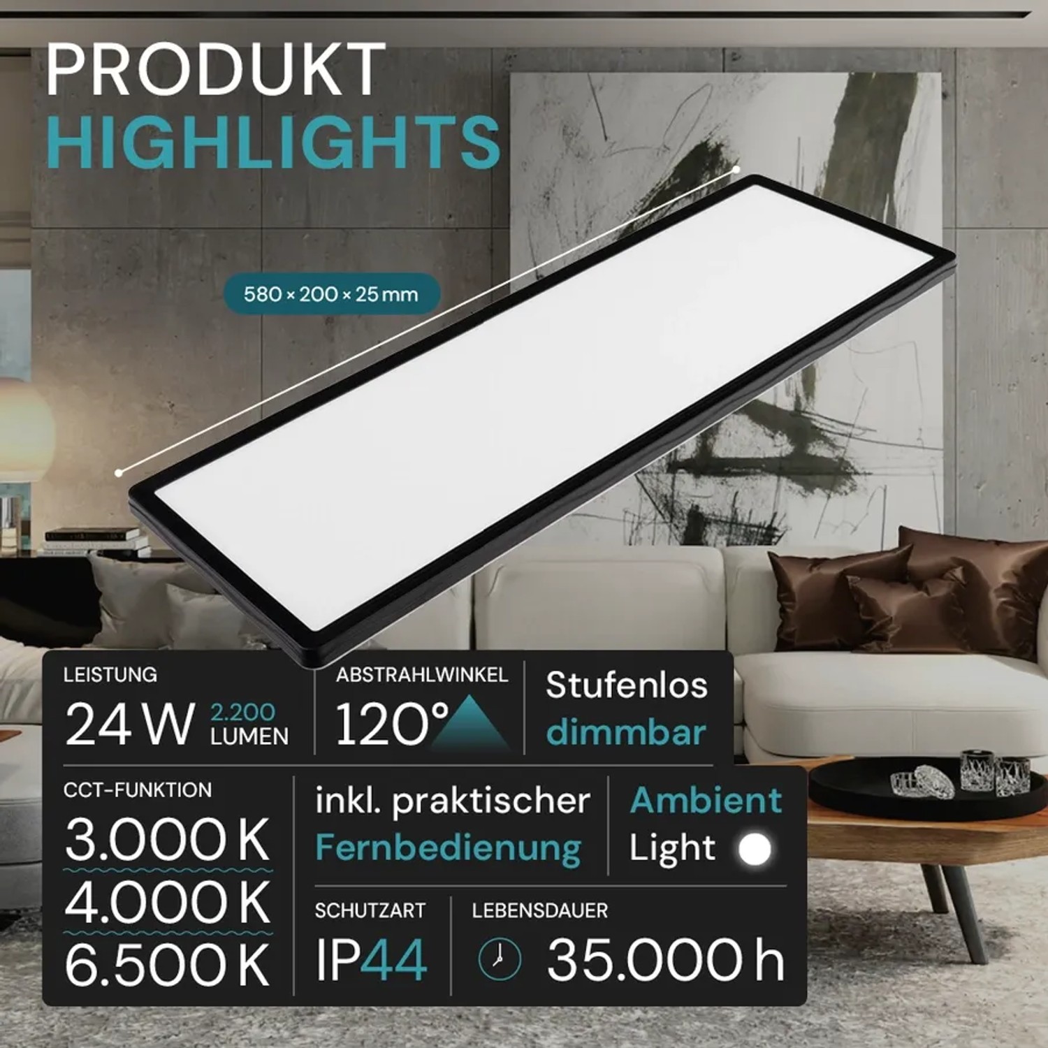 LUXULA LED Panel 58x20cm 24W 2200lm IP44 Wassergeschützt CCT Dimmbare Deckenleuchte Fernbedienung 3000K bis 6500K Warm- Kaltweiß Aufbauleuchte Schwarz_3