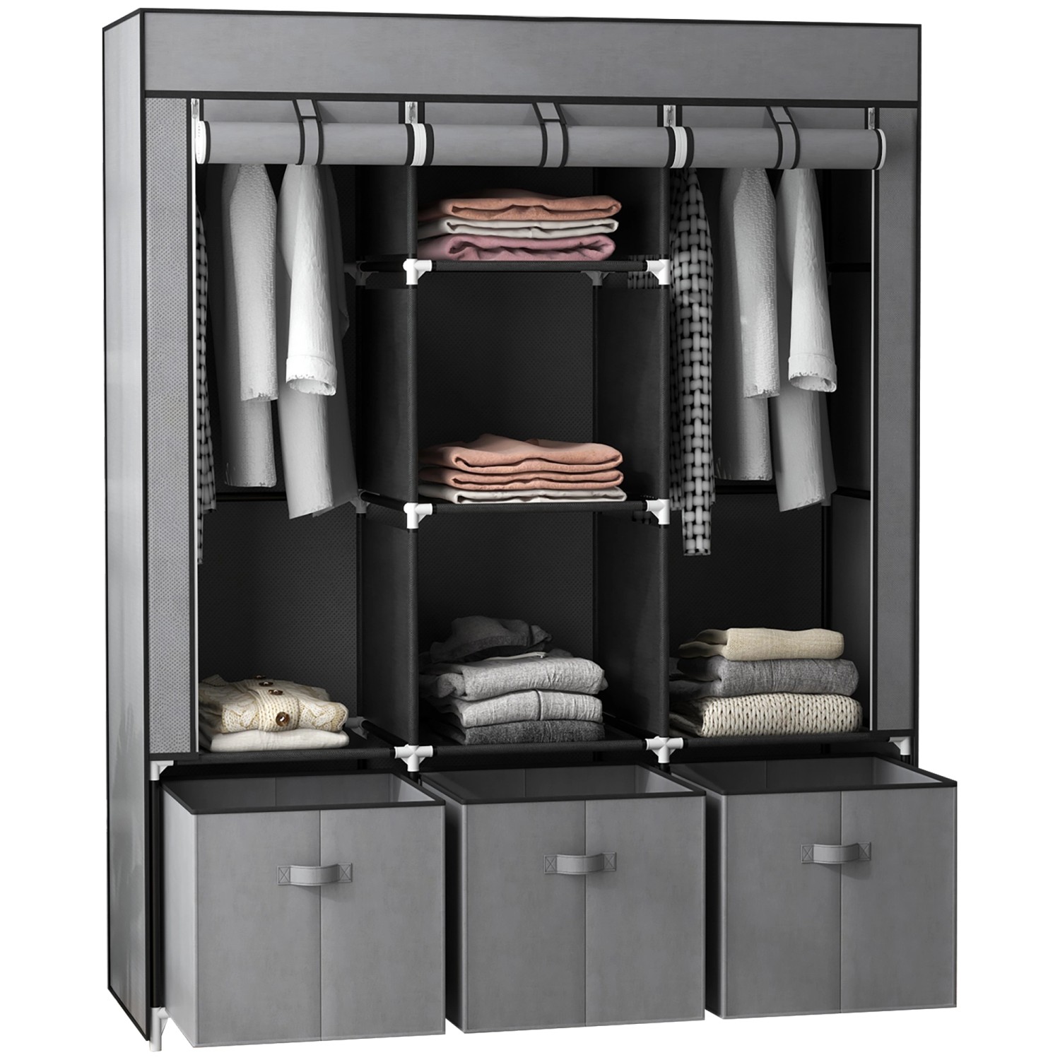 HOMCOM Stoffschrank mit Kleiderstangen Schubladen Dunkelgrau 125 x 43 x 162,5 cm