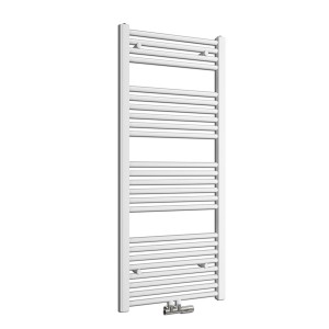 Weißer Emke Badheizkörper 120x50cm mit horizontalen Heizrohren als Handtuchwärmer.