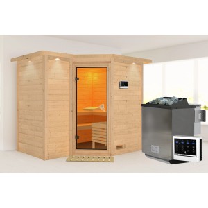 Karibu Sauna Steena 2 mit Bio-Ofen und LED-Dachkranz aus naturbelassener Fichte.