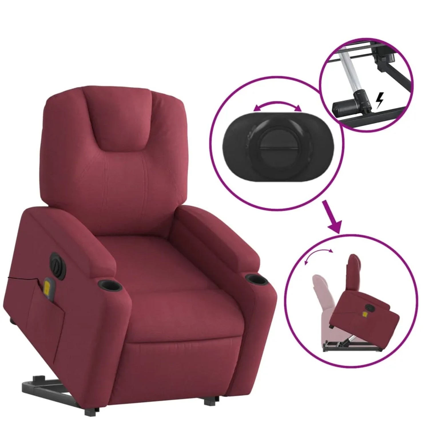 Elektrischer Massagesessel mit Aufstehhilfe, weinrot, Stoff. Relaxsessel mit Getränkehalter und Massagefunktion.