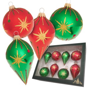 8-teiliges Set Krebs Glas Lauscha Weihnachtskugeln (7cm) in Rot und Grün mit Stern-Dekor.