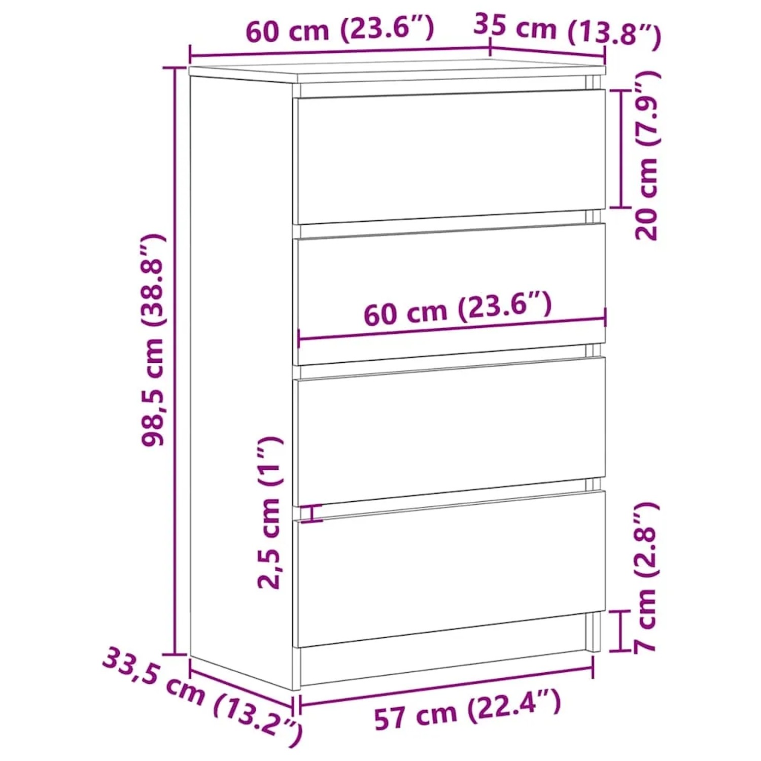 vidaXL Sideboard in Schwarz Eichen-Optik mit 4 Schubladen und Maßangaben.