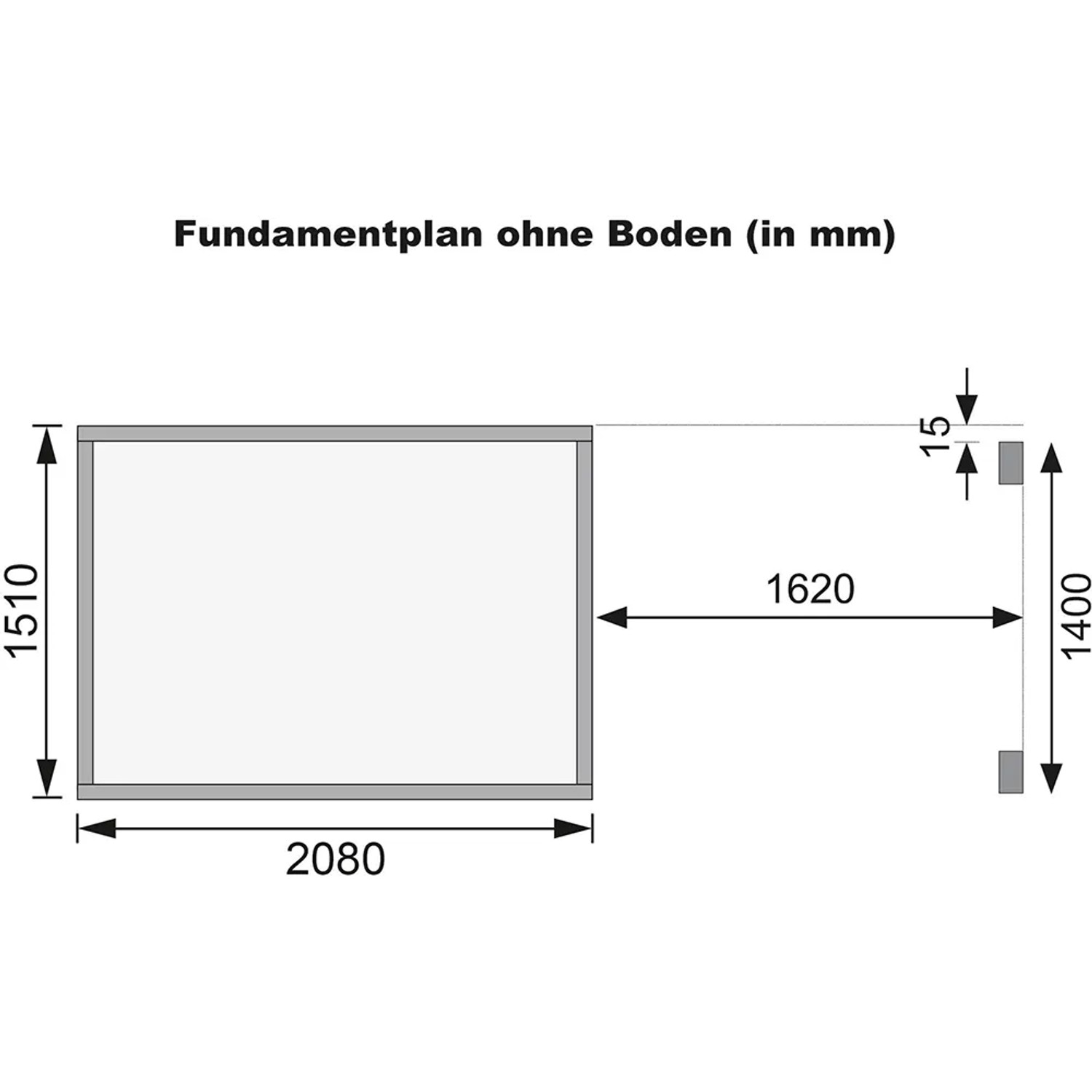 Fundamentplan des Karibu Holz-Gartenhauses Neuenburg mit Maßangaben (in mm).
